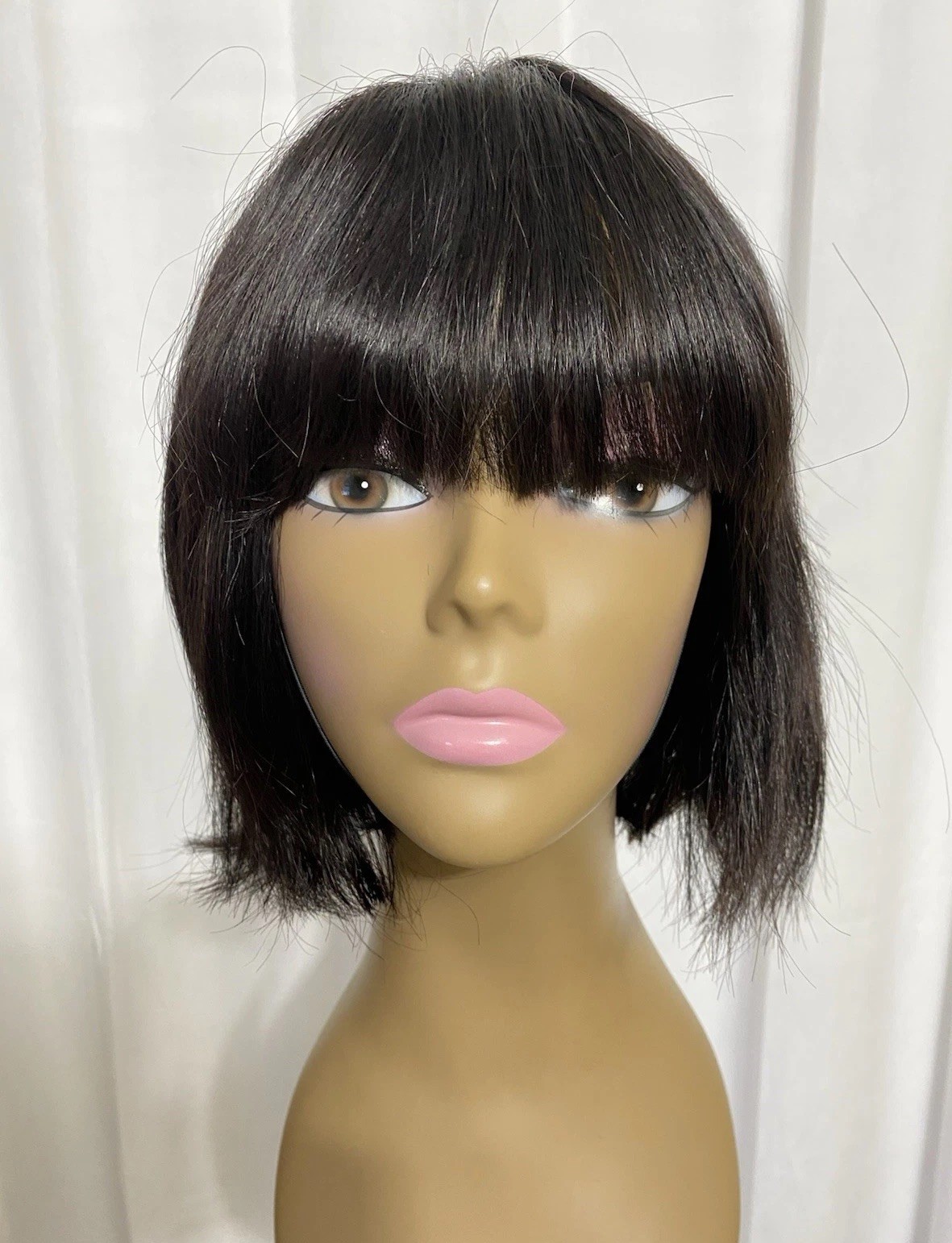 8 Inch Black Human Hair Bob Wig With Bangs Glue Less Non Lace Machine Made New