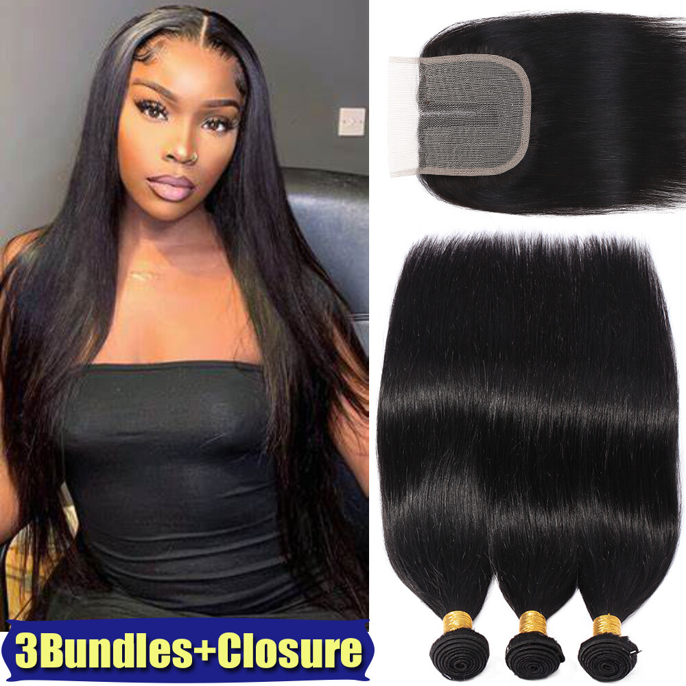Straight Lace Closure with 3Bundles Weave Indian Virgin Human Hair Extensions US