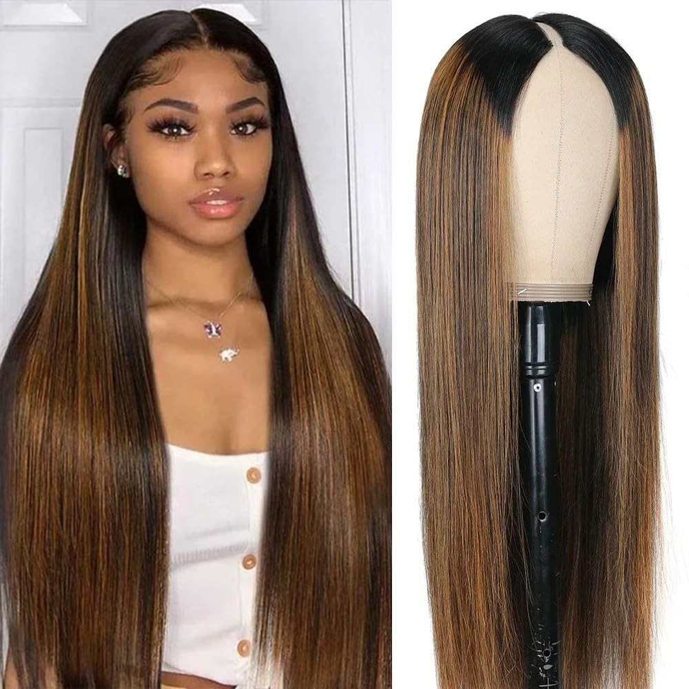 Pobokix Highlight Ombre V Part Wigs Human Hair Straight Brazilian 14″ FB30