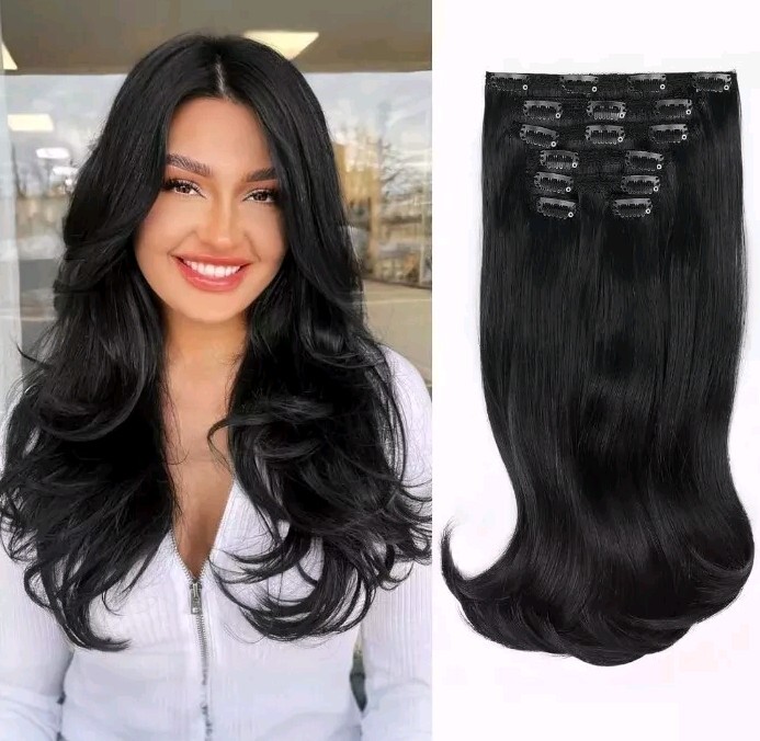 ALXNAN Clip in Hair Extension 20 inch Black Hair Extension Thick Long Stright