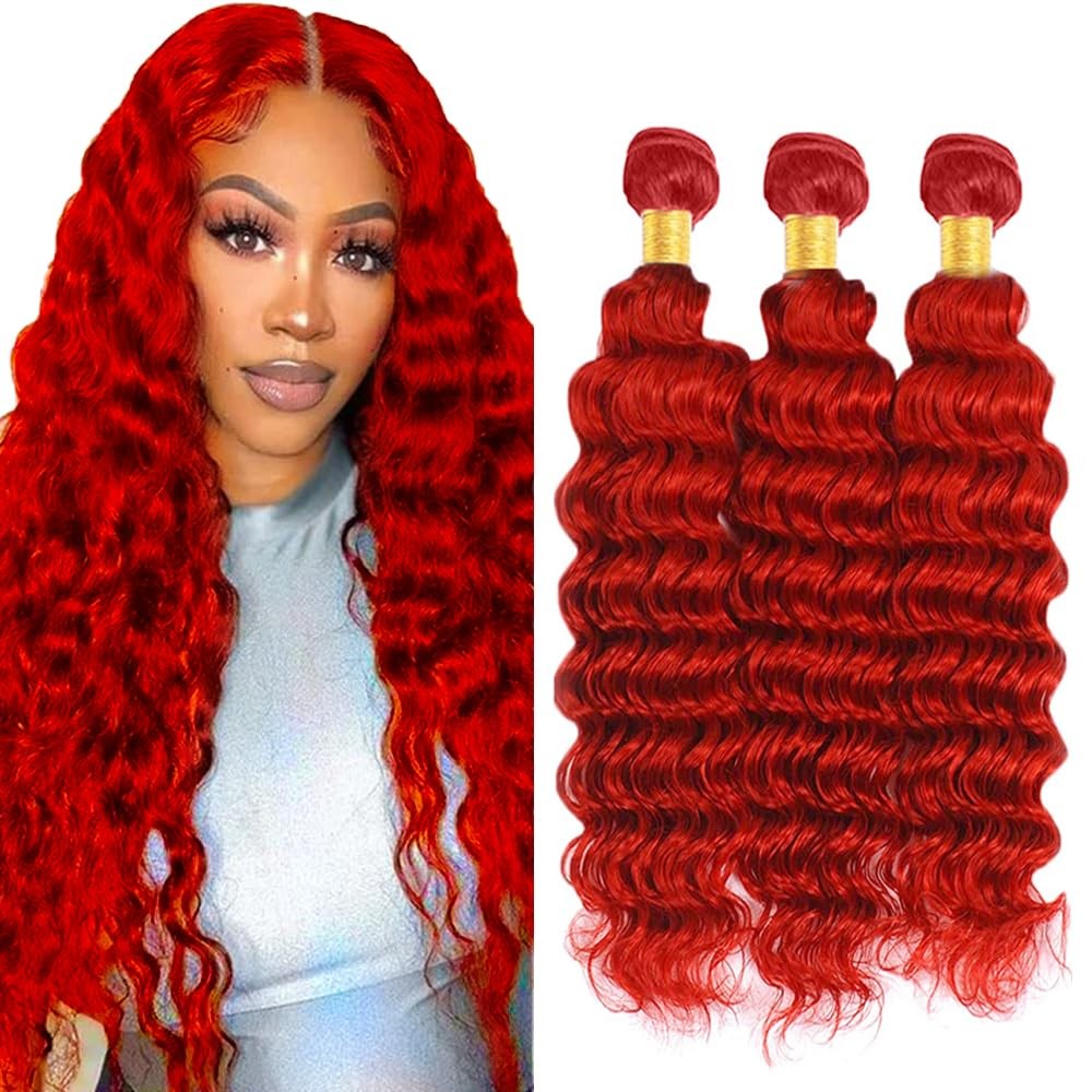 Zevpiul Red Bundles Human Hair Burgundy Deep Wave 3 Bundles 28 30 32 Inch