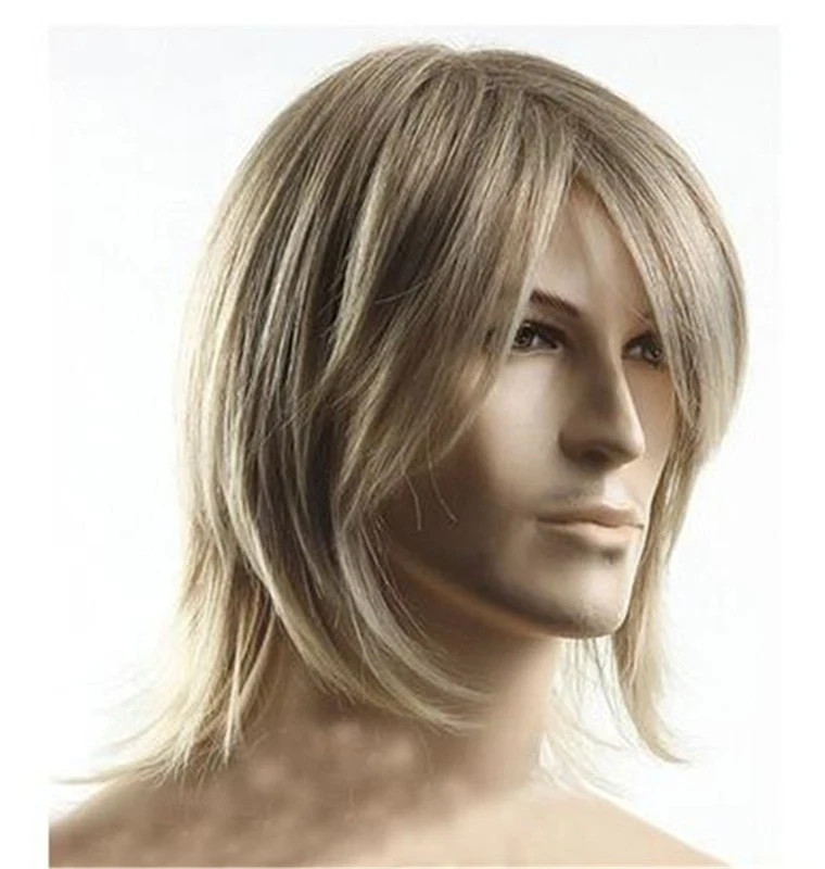Men’s Wig Med-Length Casual Light Brown Straight Human Hair Wig+Wig Cap