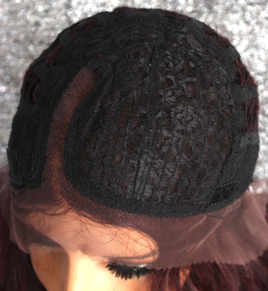Human Hair Blend Long HEAT OK Full Lace Front Wig Burgundy mix wavy WEYC 1B-burg