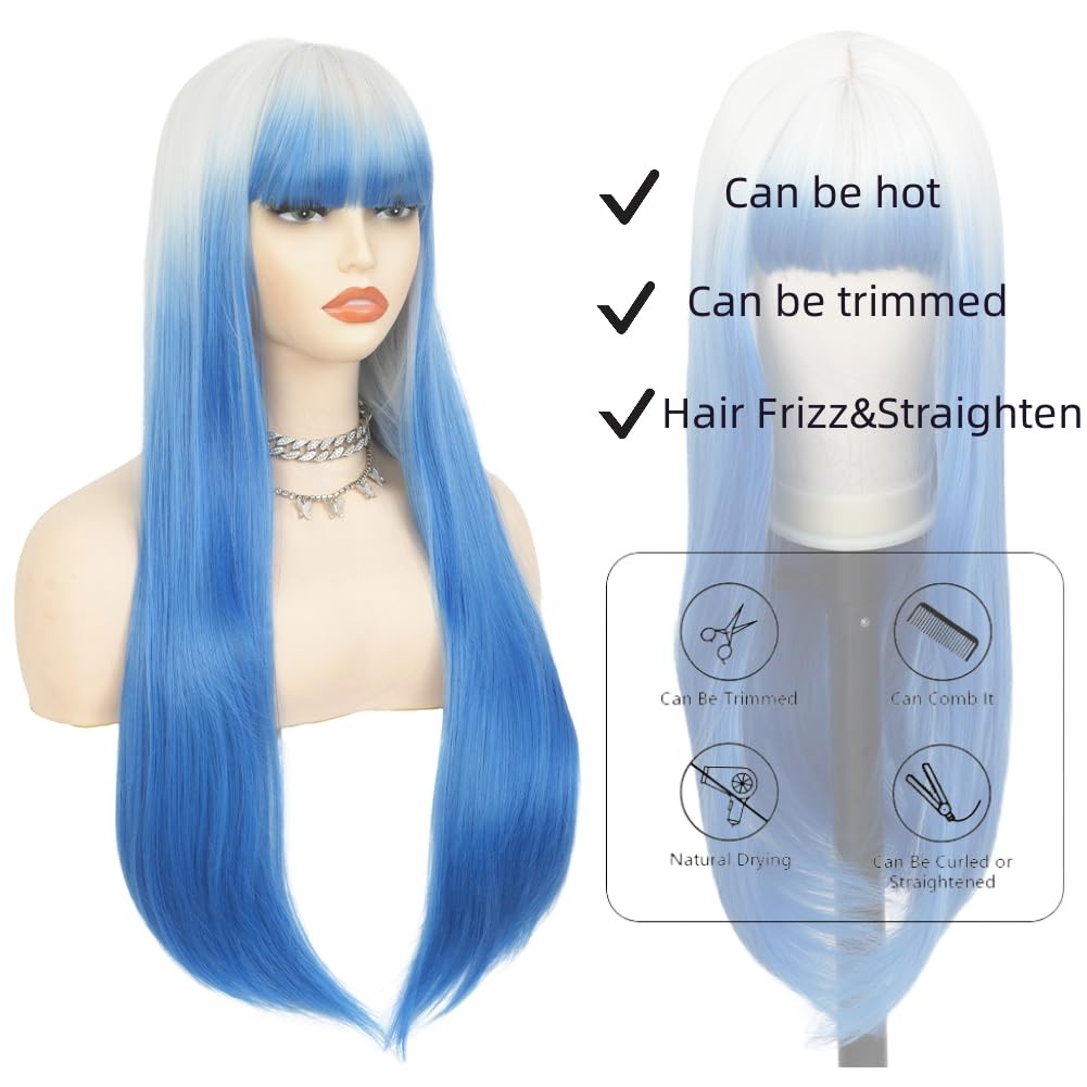 Ombre Blue Wigs with Bangs for Women Long Straight Synthetic Fiber Heat Resis…