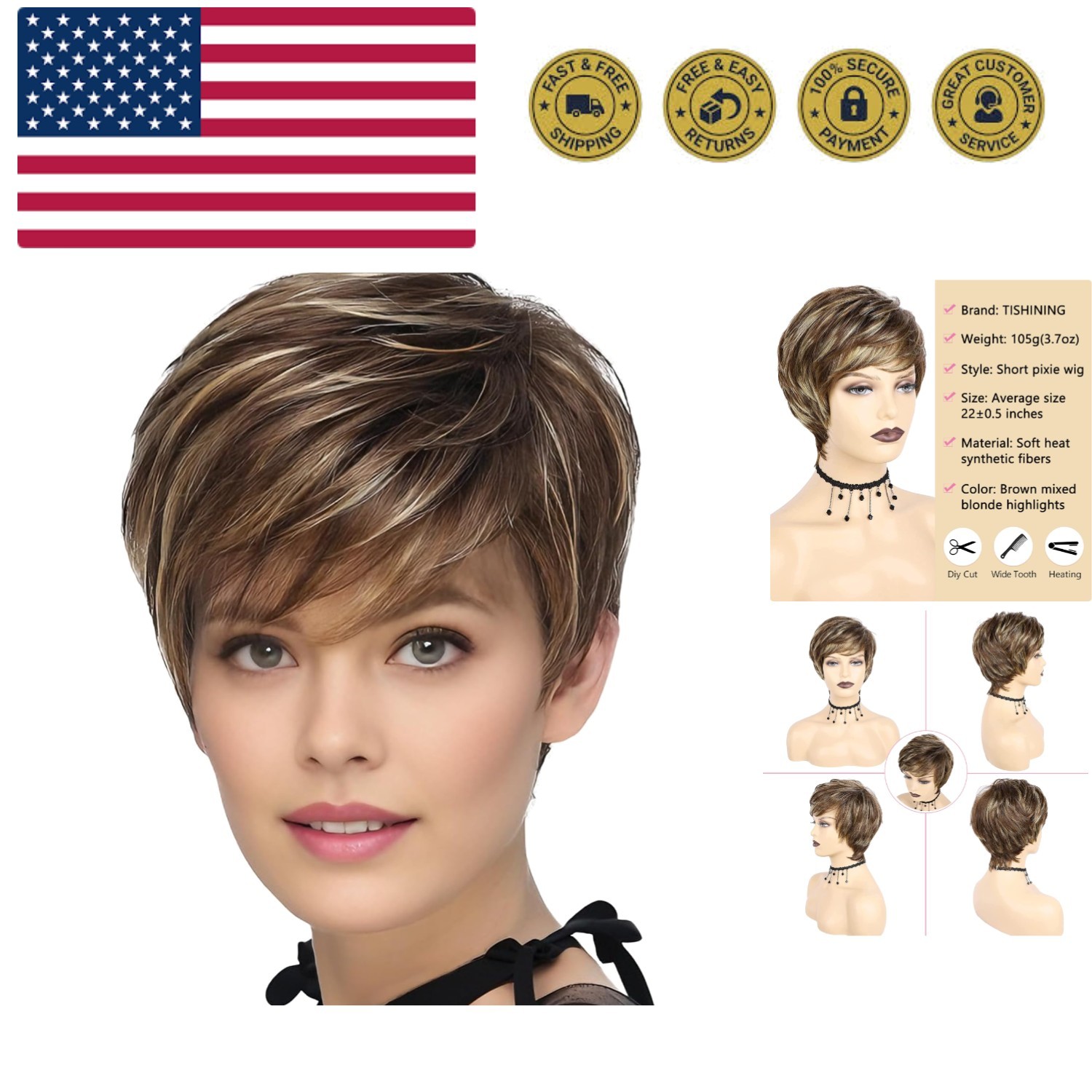 Pixie Cut Brown Short Hair Wigs for White Women with Bangs Brown Mixed Blonde…