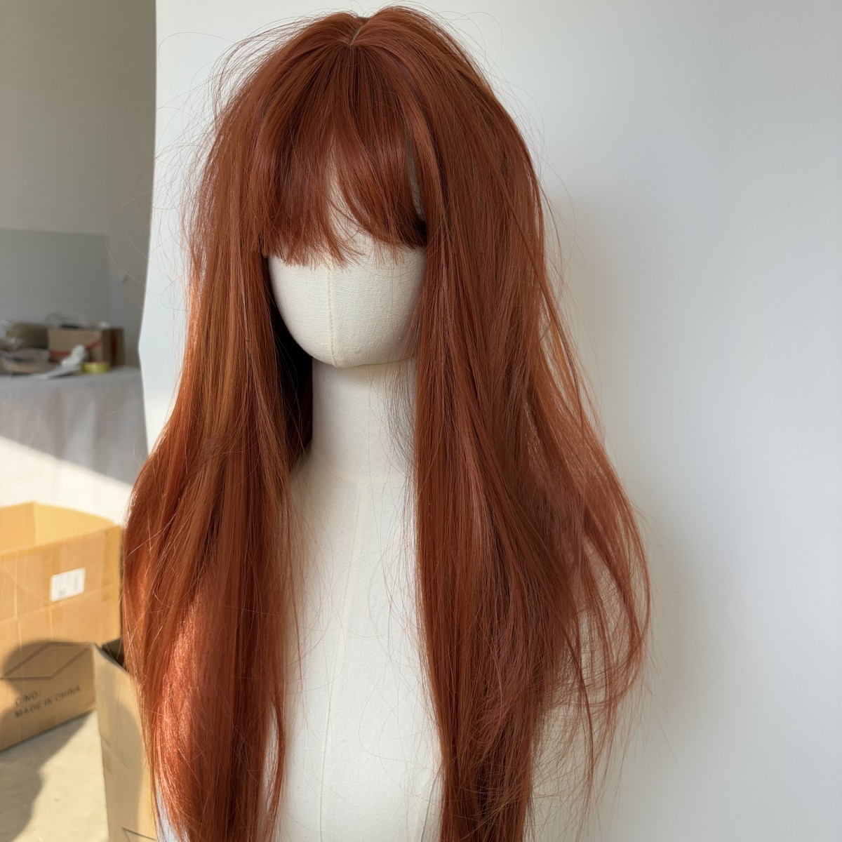 Copper Red Cosplay Party Wigs With Bangs Long Straight Synthetic Hair
