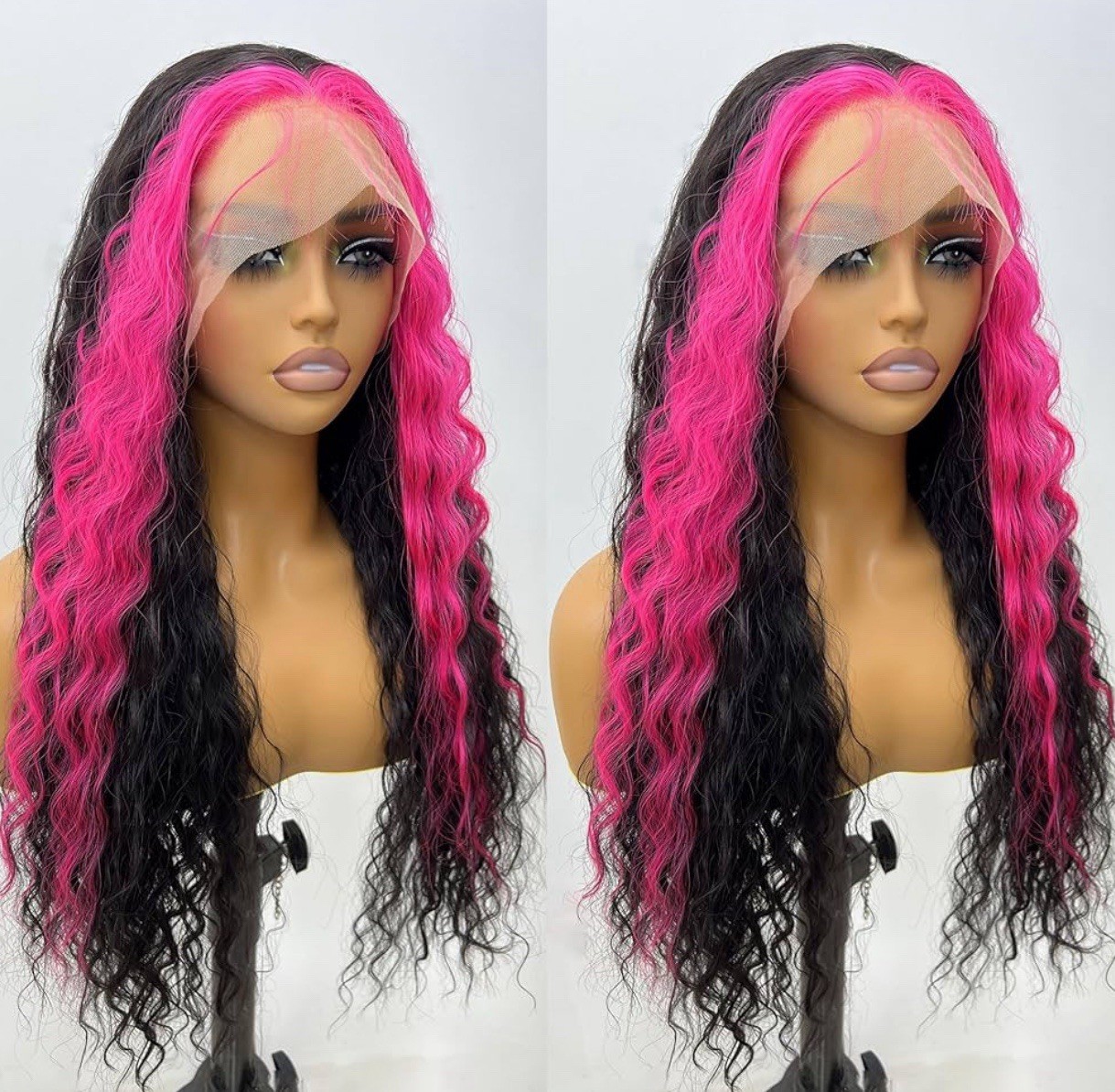 GIANNAY Hot Pink Streak Wigs Pink and Black Lace Front Wigs Curly Synthetic Wig.