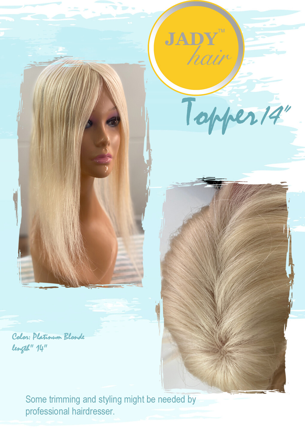 100% Human Hair Topper 14″ with hand injected Silk Top or Swiss lace top