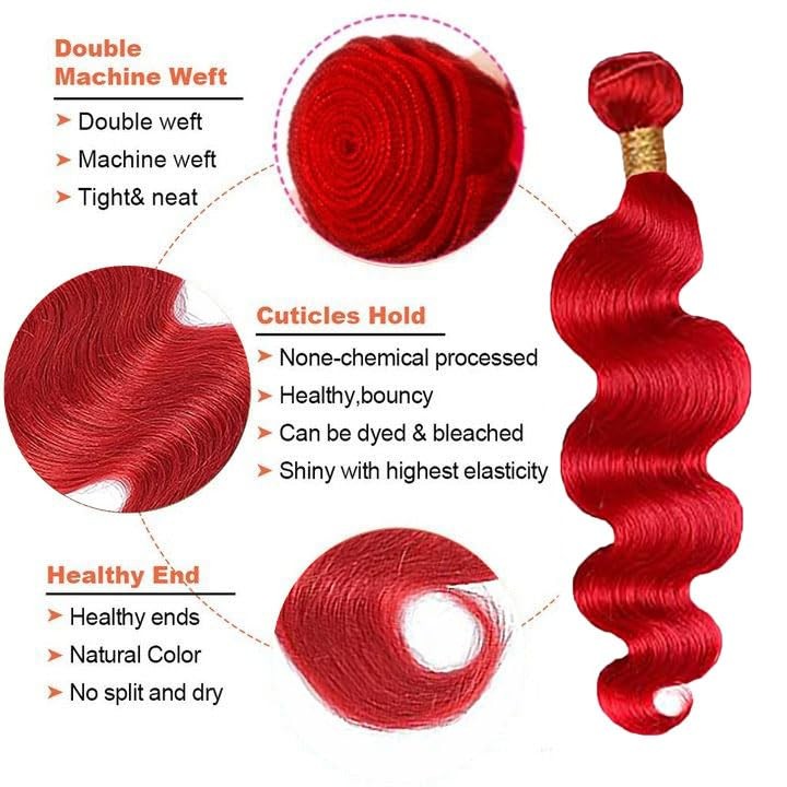 Weeybay Red Bundles Human Hair Burgundy Body Wave Bundles 24 26 28 Inch