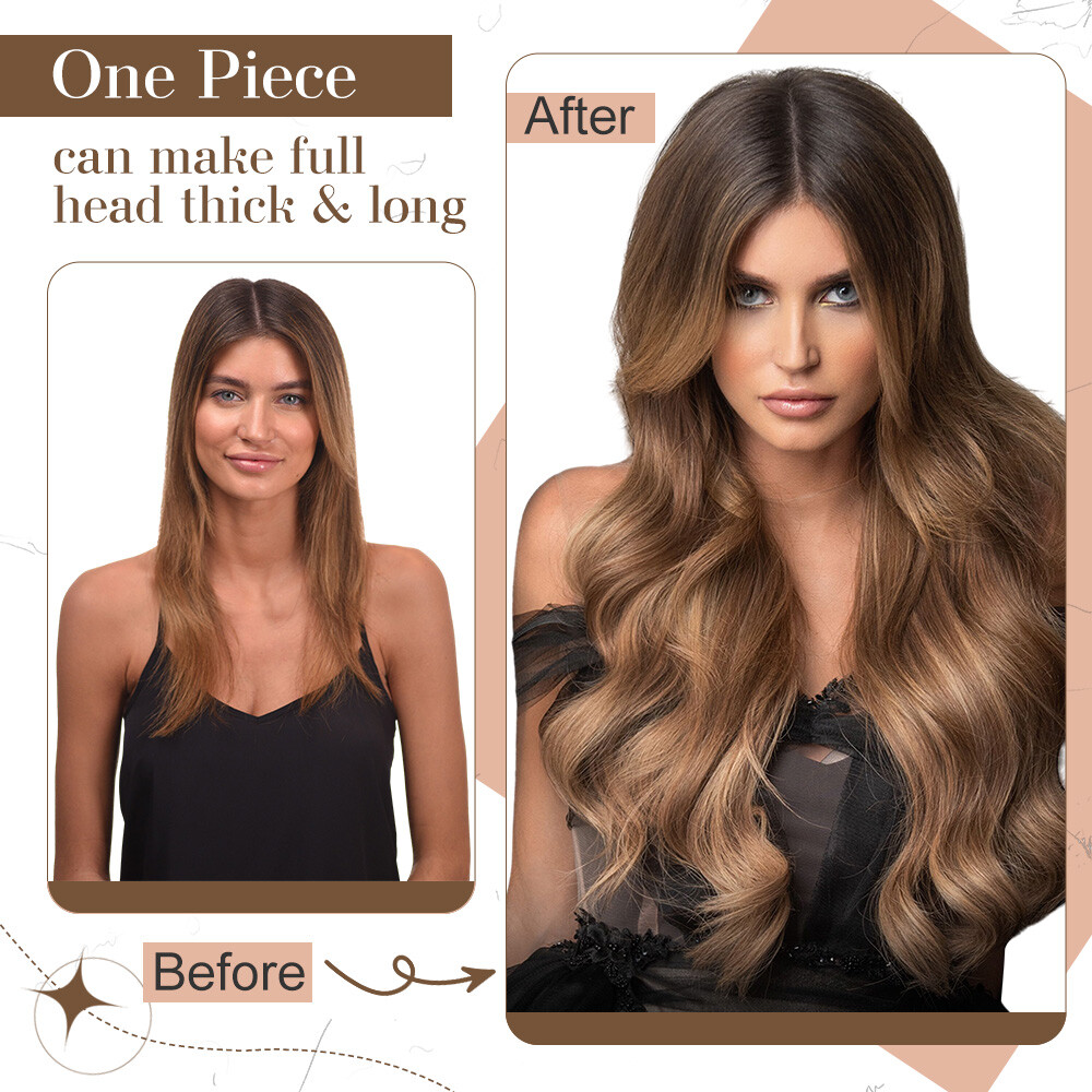 Wavy One Piece Natural THICK Clip in Hair Extensions 3/4 Full Head Long AS Human