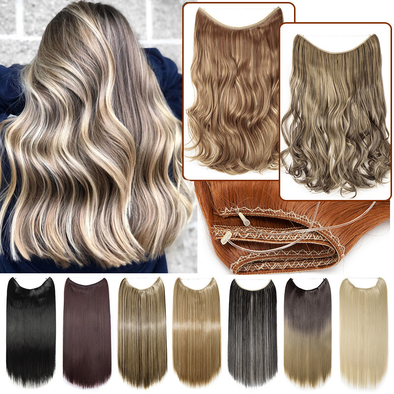 Hair Extensions 24″ Invisible Wire No Clips Full Head Hairpiece Secret US