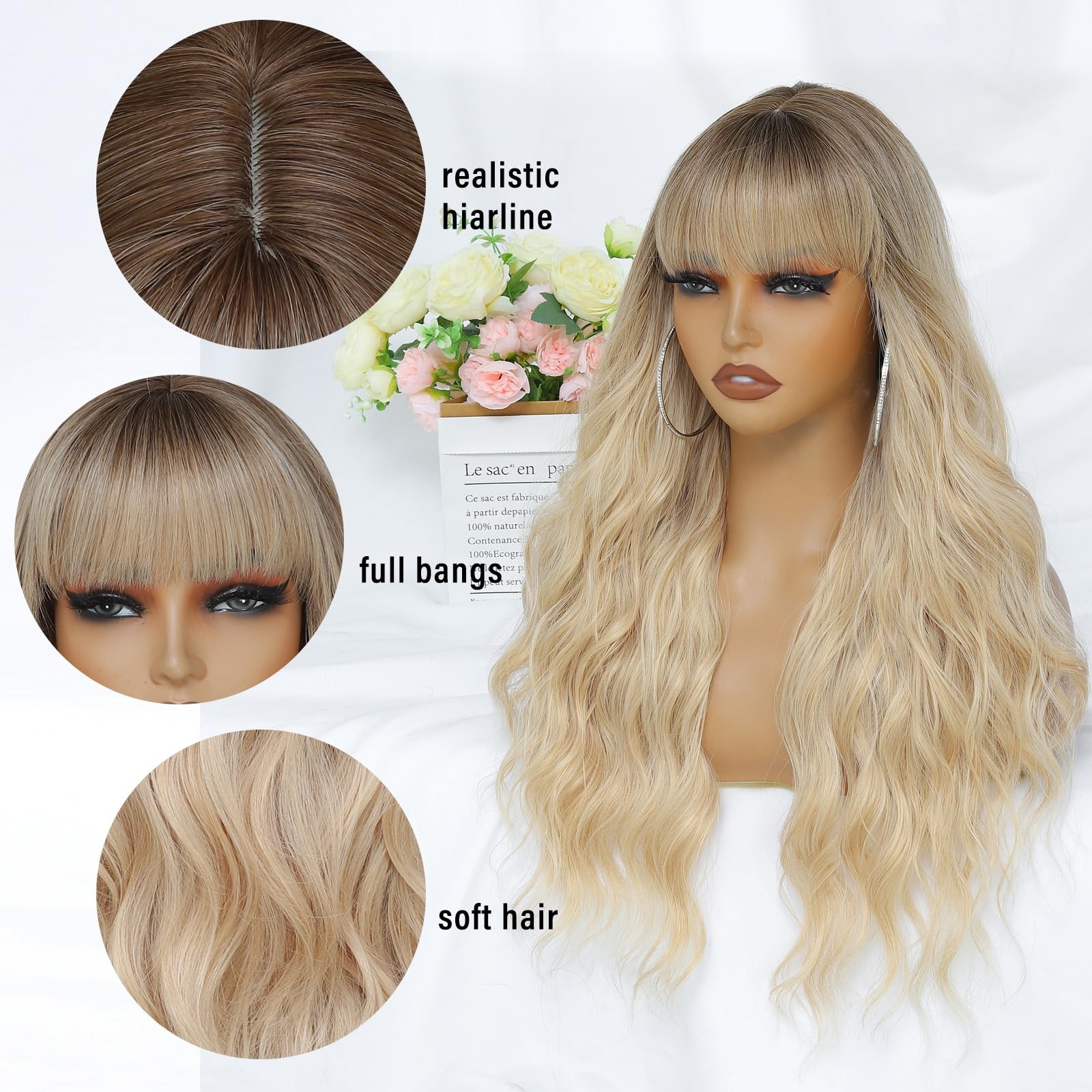 Blonde Wig with Bangs for Women 26 Inch Long Wavy Blonde Wigs Synthetic Heat …