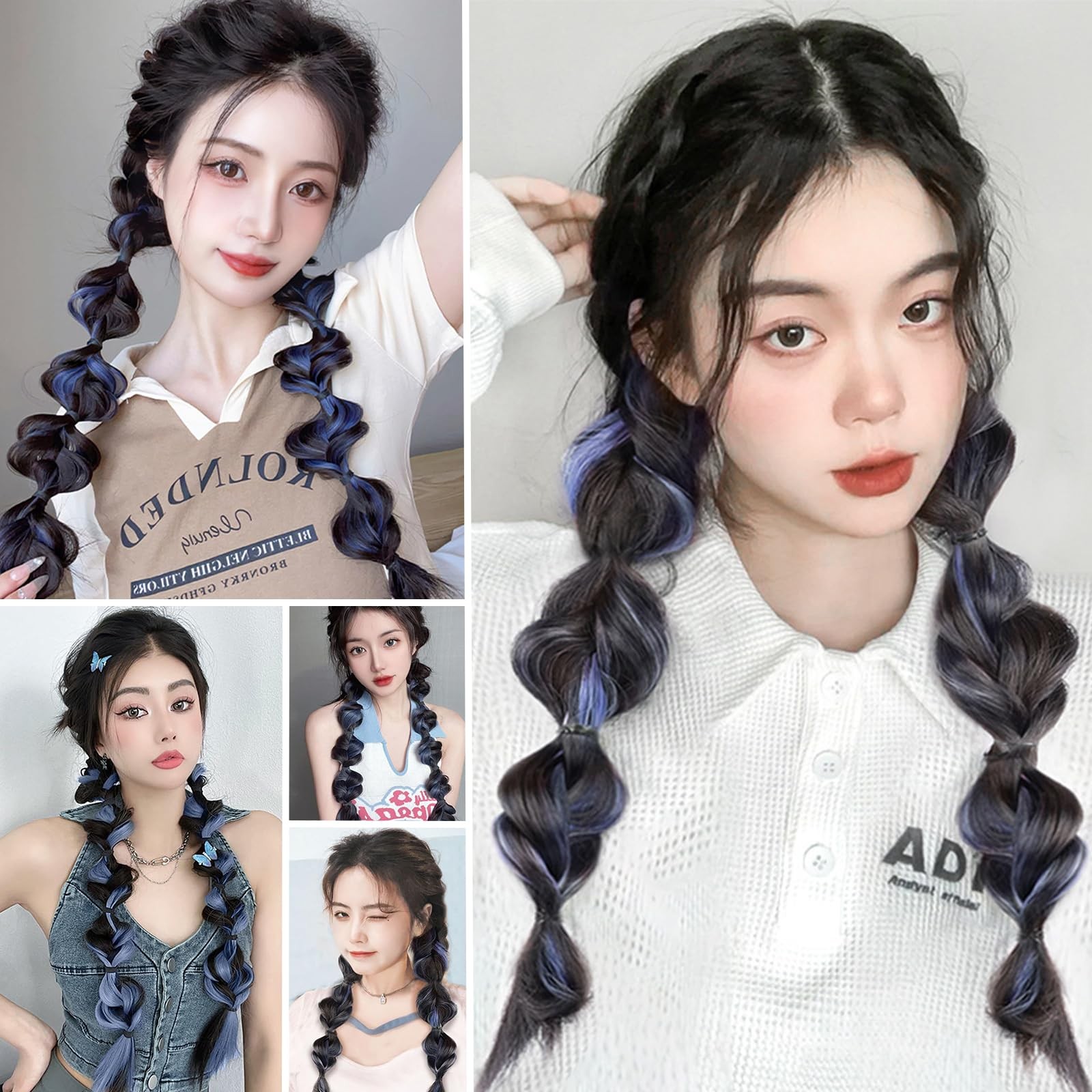 Braided Ponytail Extension with Hair Tie 2 Pcs Blue and Black Bubble Wrap Aro…