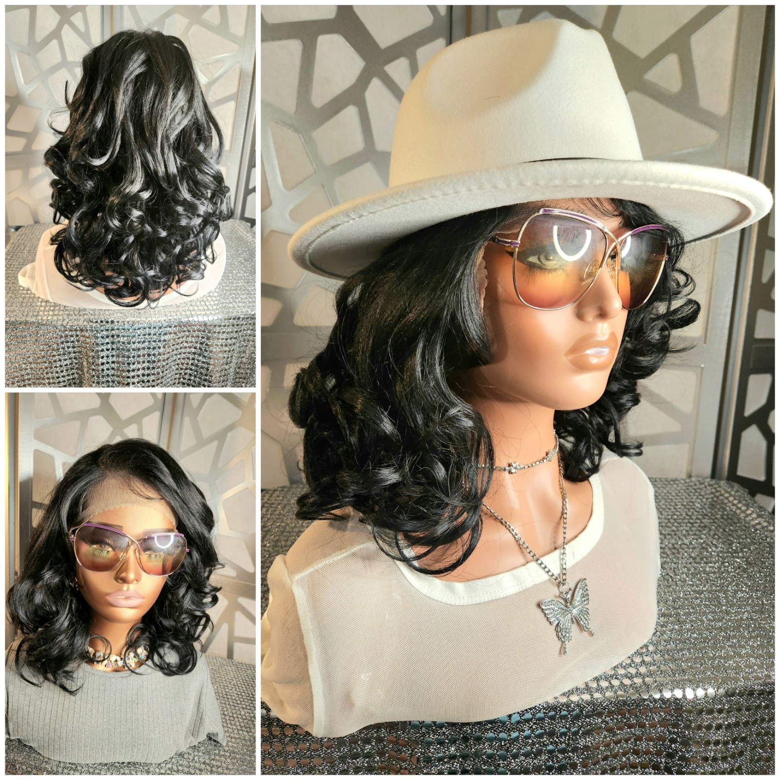 Black Wig Curly Wig Freeparting 13×4 Lace Human Hair Blend Loose Wave Layers