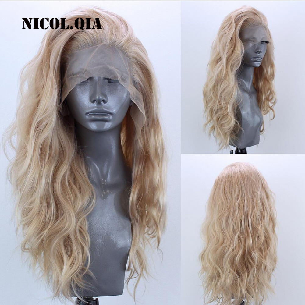 Long Curly Blonde Mix Lace Front Human Hair Blend Wigs Heat OK Women Natural Wig