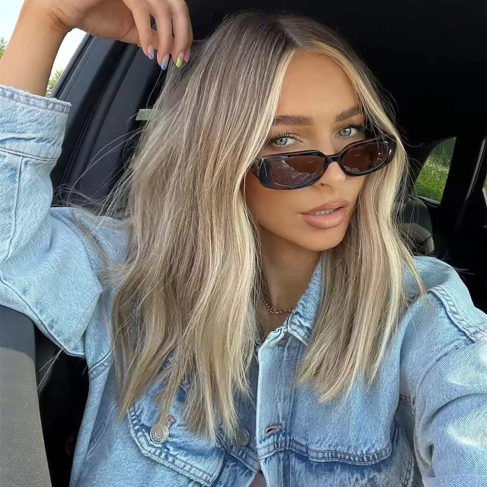 Natural Wave Ash Brown Wig with Blonde Stripe 100% Human Hair Lace Front Wigs
