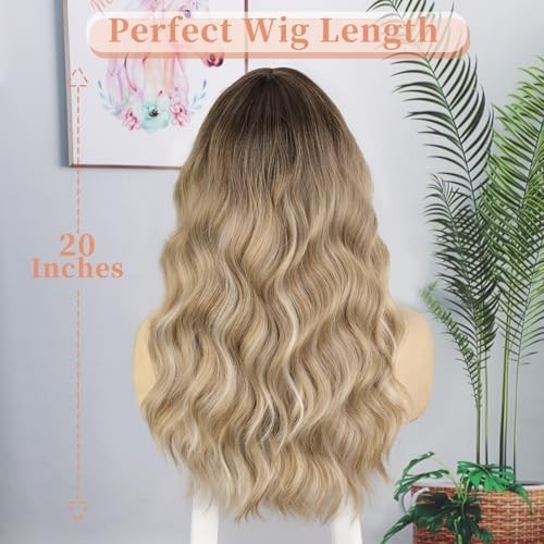 Blonde Wig with Bangs – 20″ Long Wavy Curly Heat Resistant Synthetic Hair for Pa