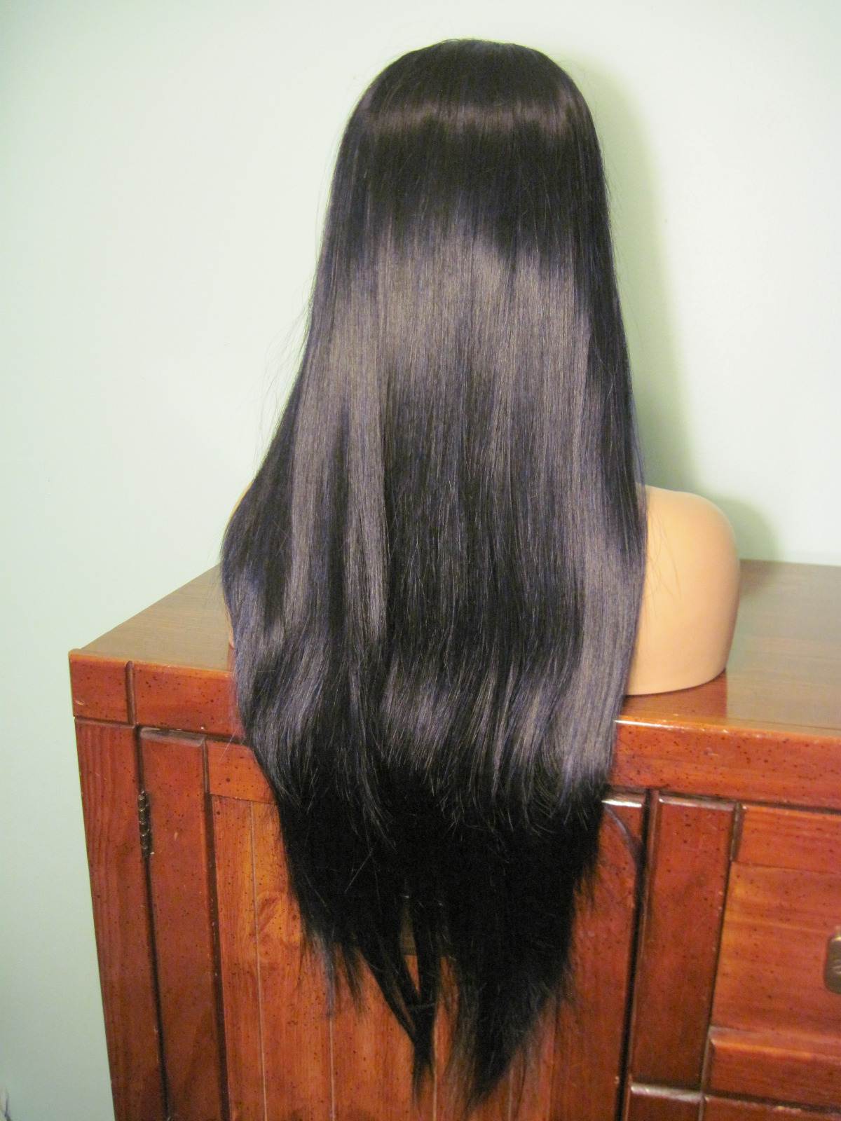 30″ straight, long, black lace front hand tied wig – Vamp – purple highlights