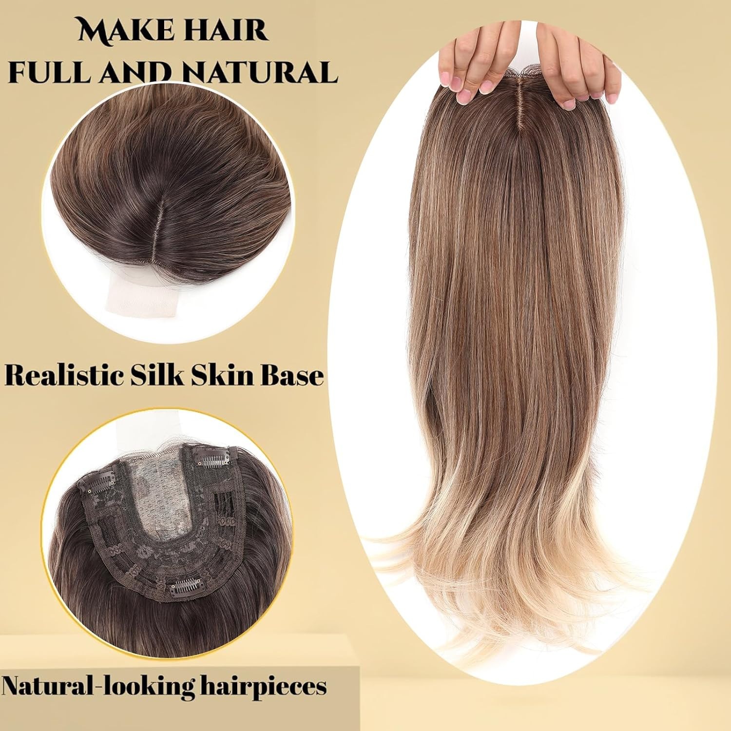 Sarah 20″ Hair Topper Brown Blonde Gradient 3 tone straight curtain bangs woman