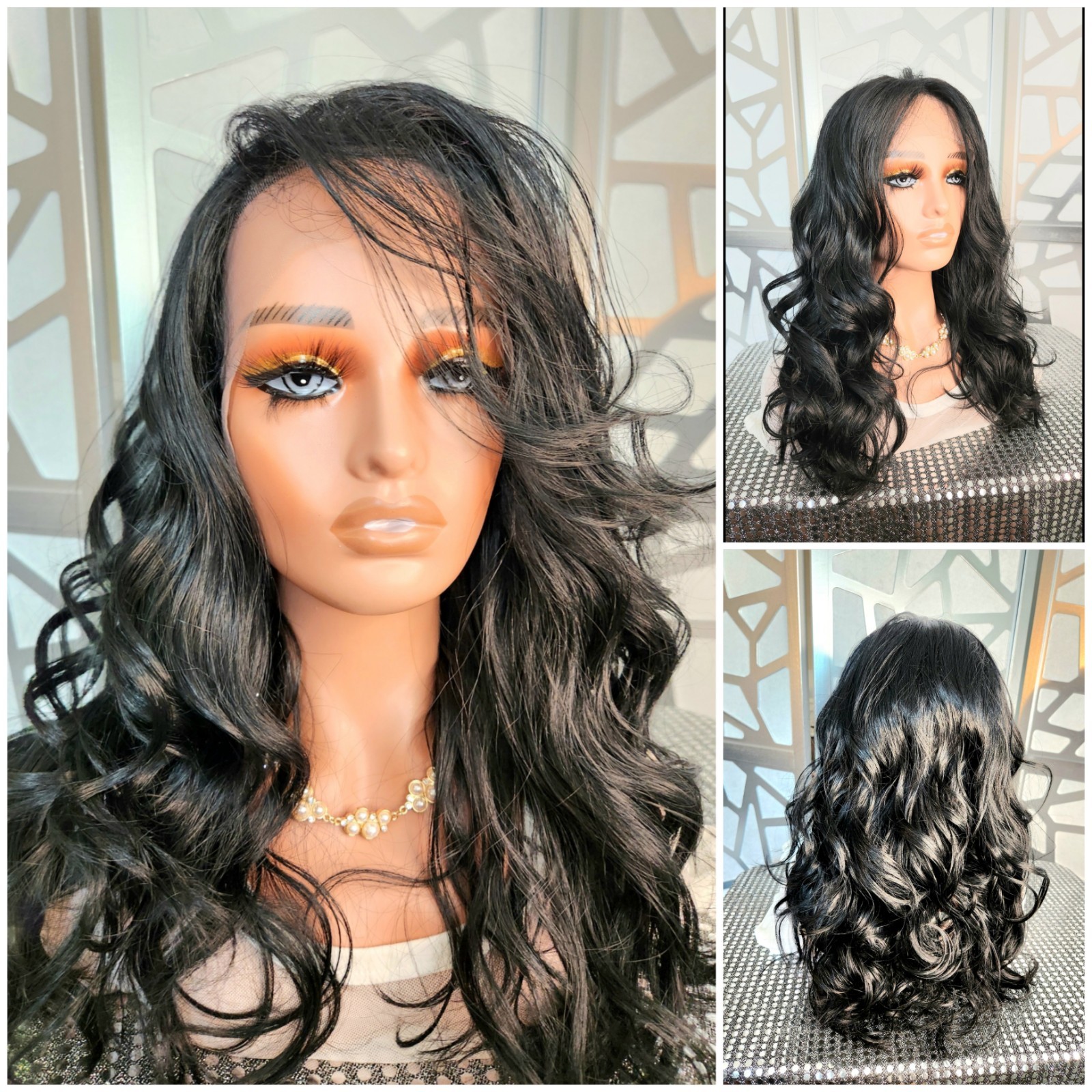 Curly Black Wig Human Blend Loose Wave Free Parting 13×4 Lace Front Wig Glueless