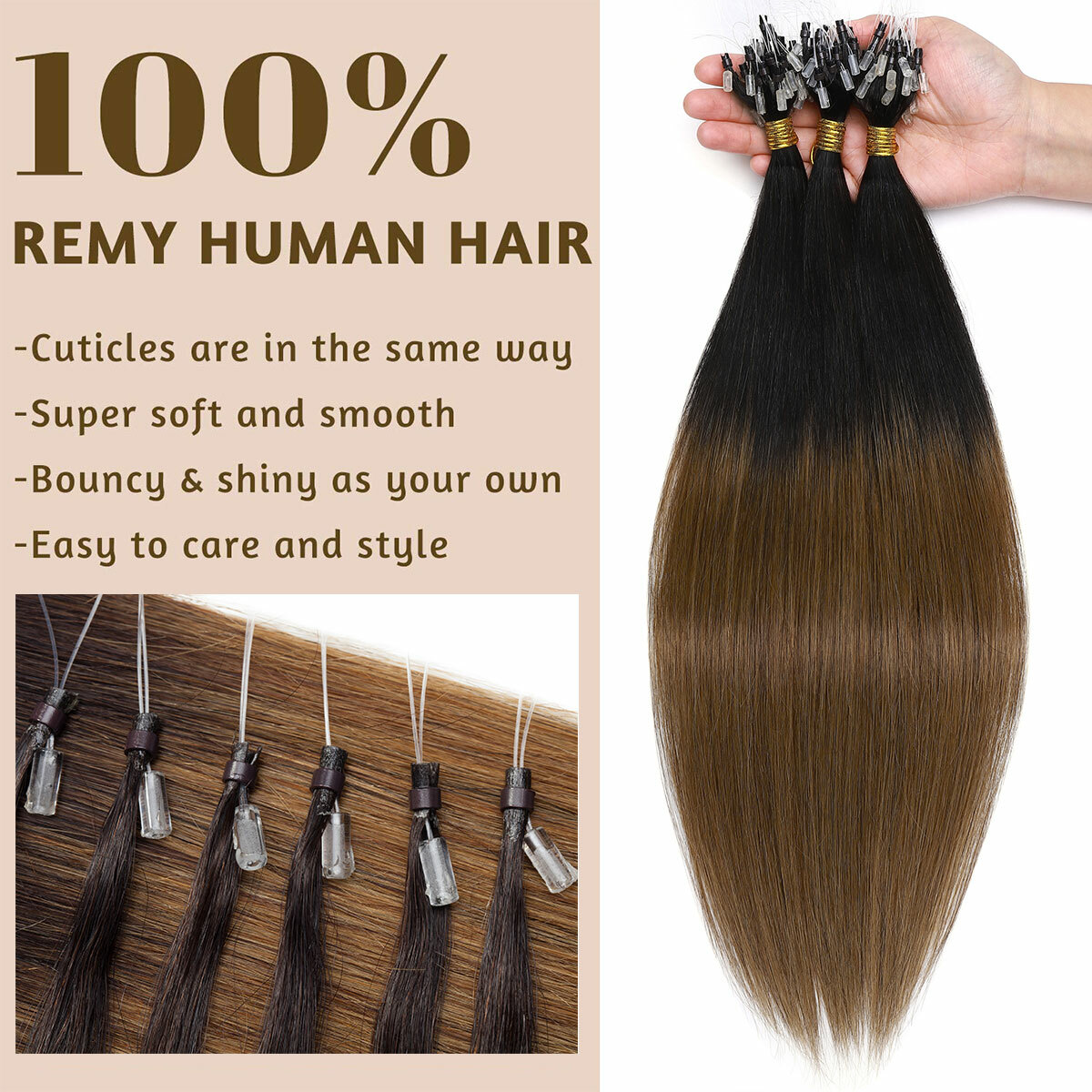 Micro Ring Loop Tip 100% Remy Human Hair Extensions Micro Beads Link Full Head