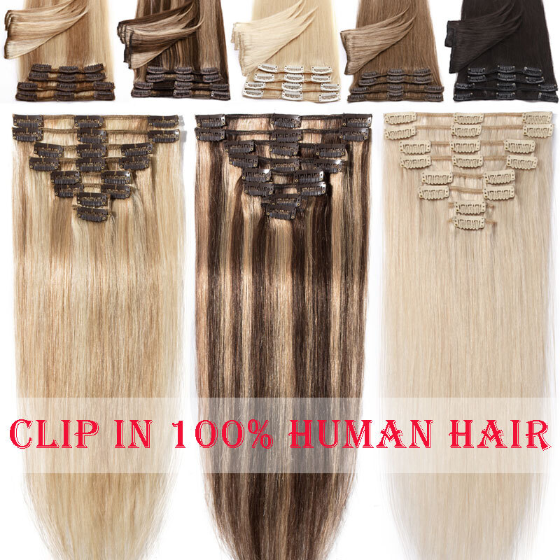 Smooth&Soft 100% Human Hair Extensions 8 Pieces Clip In Real Remy Hair FULL HEAD