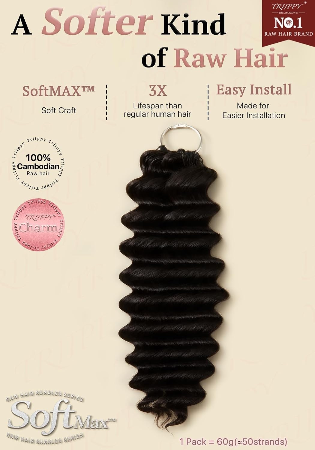 Triippy 100% SoftMAX Cambodian Raw Human Hair Deep Wave 16″ 60g Miracle Knots