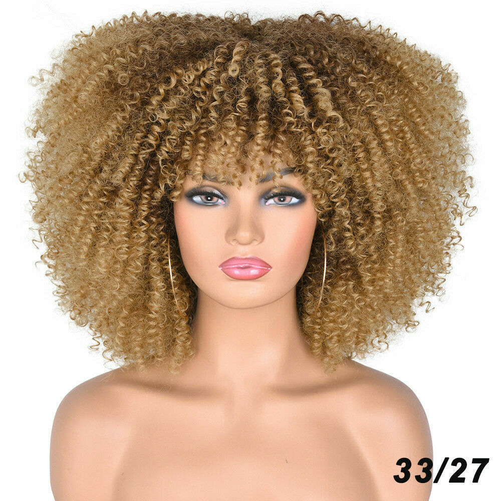 Curly Afro Wigs for Black Women Short Kinky Curly Wigs with Bangs Ombre Blonde