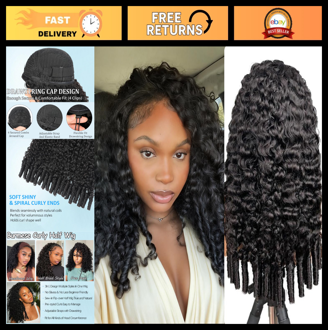 Burmese Curly Half Wig 200% Density 3-in-1 Drawstring No Glue Easy Install 24