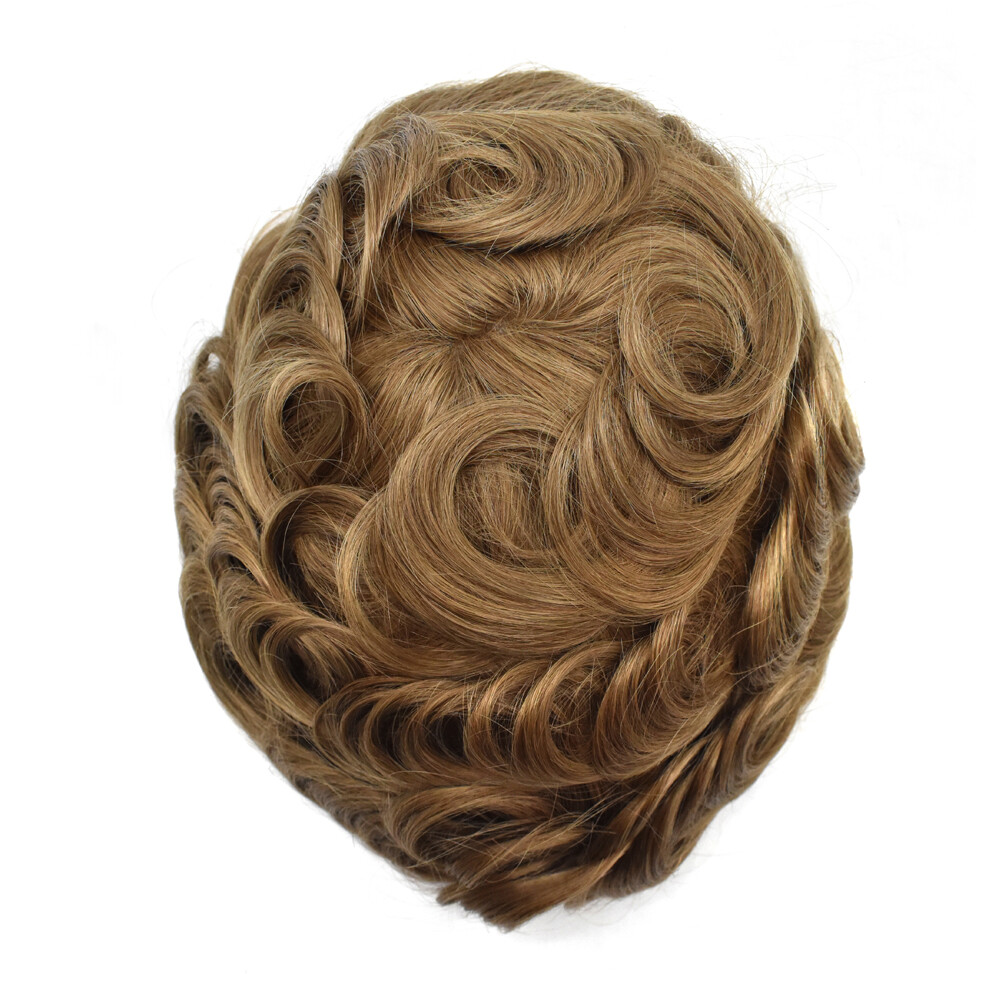 Mens Human Hair Replacement Medium Skin V-loop Scalloped Toupee Hairpiece Wig