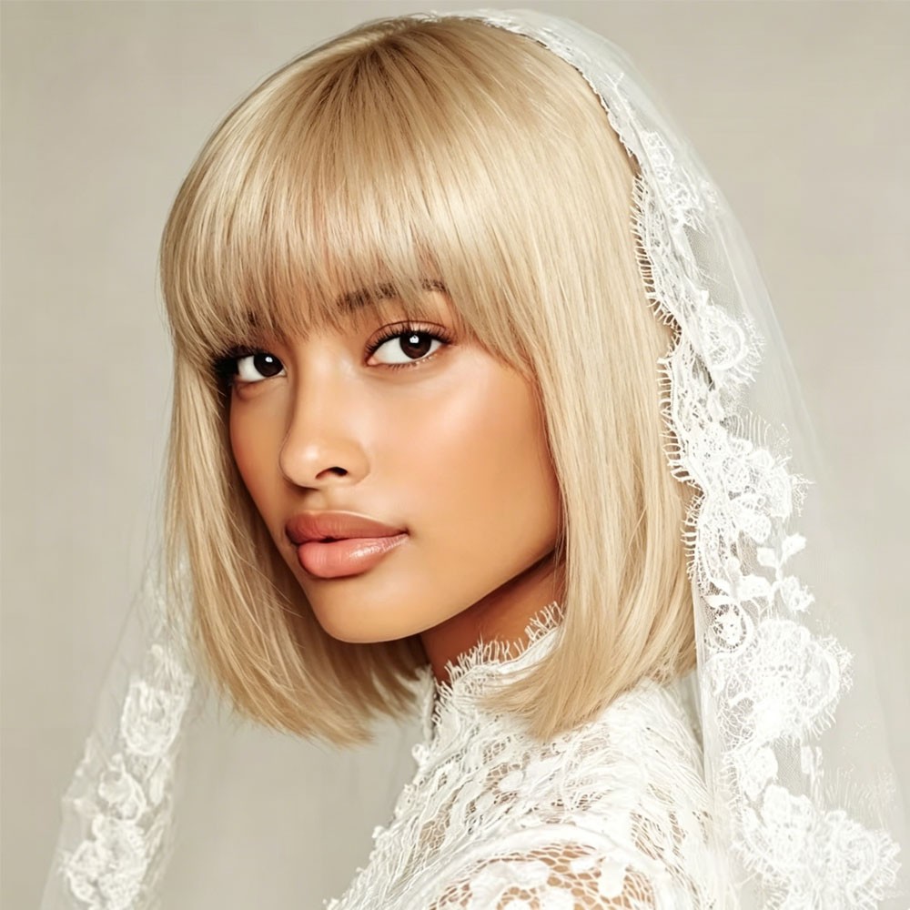 12″Bob Wig with Bangs, Natural Straight Synthetic Hair for Women Daily Wear US
