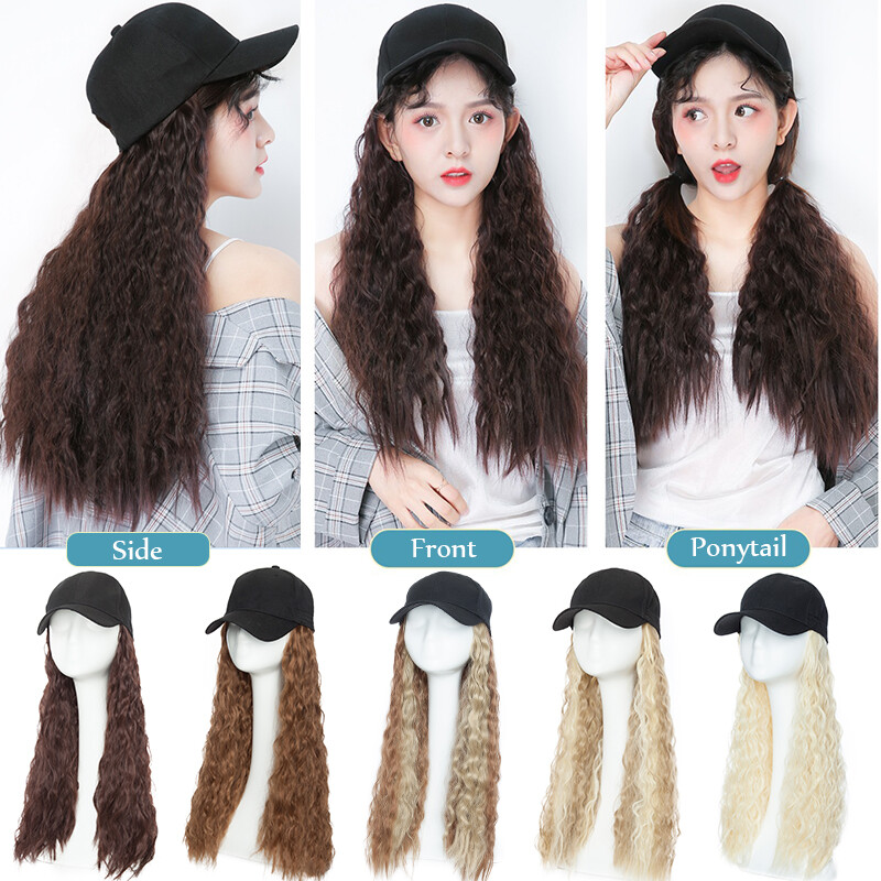Baseball Cap with Curly Hair Wig Full Wigs Long Natural Wavy HairPiece For Human