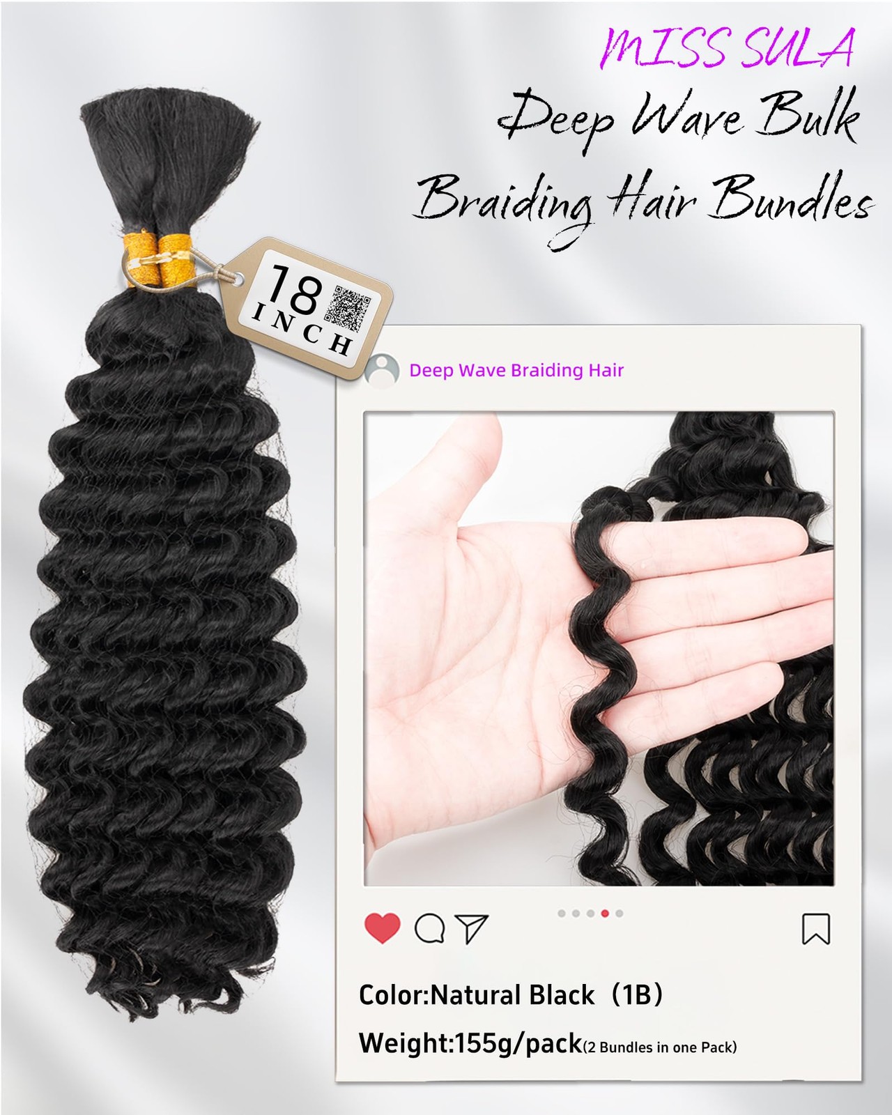 Deep Wave Bulk Braiding Hair-Wet and Wavy Human Braiding Hair,18 Inches 2 Bun…