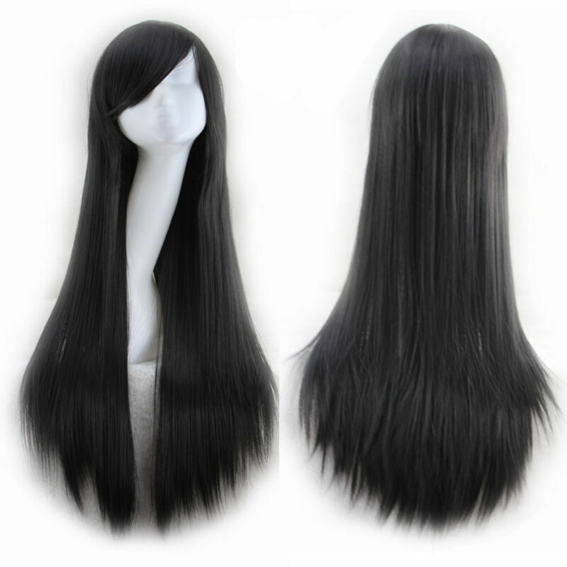 Black 80cm Straight Sleek Long Full Hair Wigs w Side Bangs Cosplay Costume Women