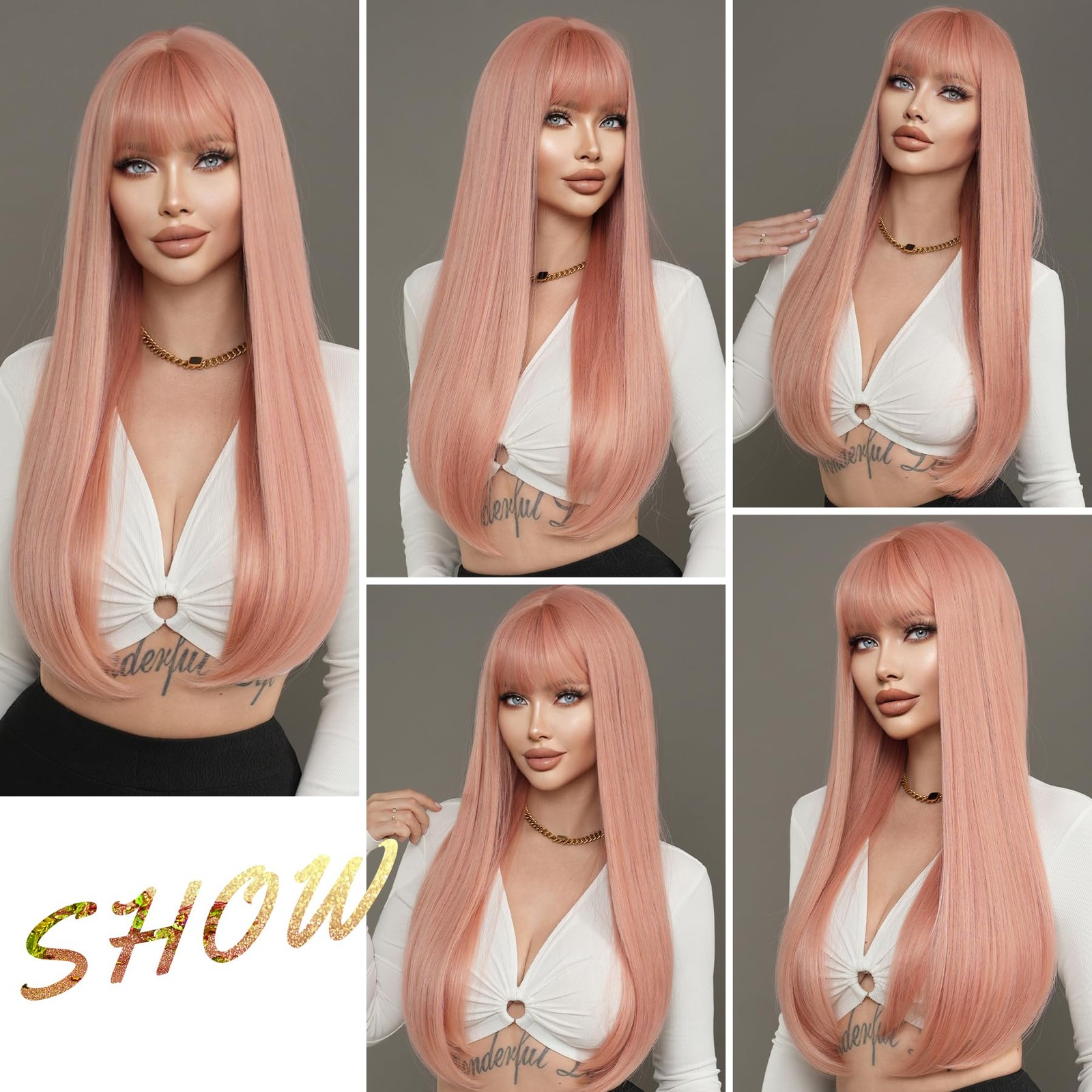 Long Straight Light Pink Wig with Bangs 28in Wig with Pale Orange Natural Hea…