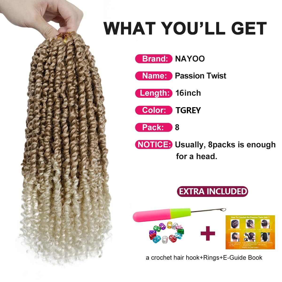 NAYOO Passion Twist Hair 16in Crochet Extensions 8 Packs T27/613