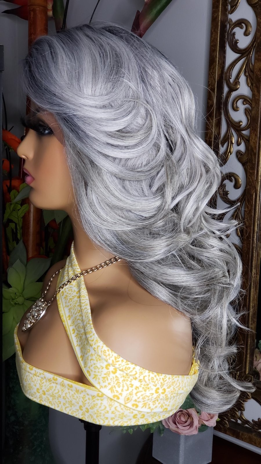 New Platinum Silver Gray Long Wavy Lace Front Wig Womens Fashion Curly Hair Wigs