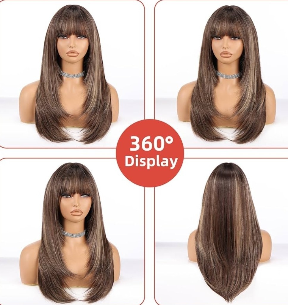 Wig – Human Hair Blend – Long Straight Layered Dark Brown Bangs Heat Resistant
