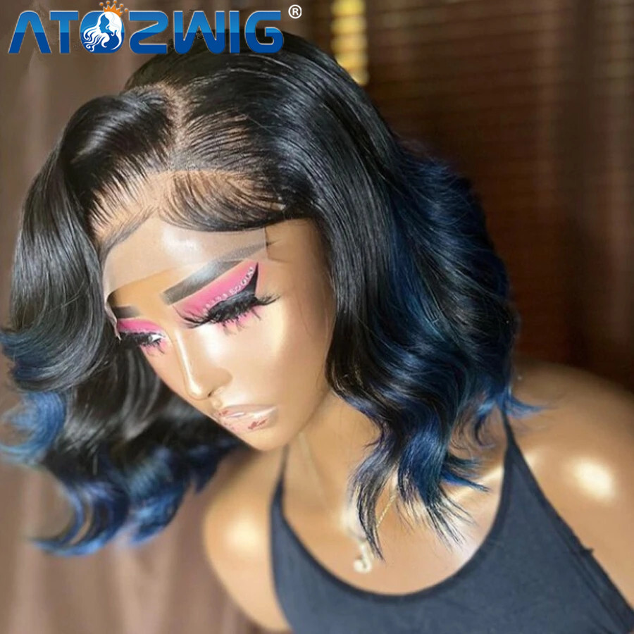 Black Blue Bob Wave Brazilian Human Hair 4×4 Lace Front Wig Fashion