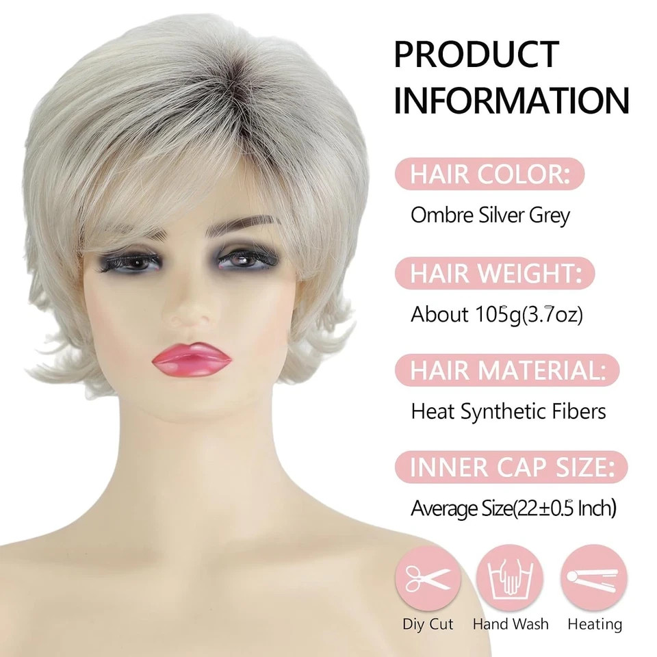 Short Pixie Cut Ombre Silver Grey Curly Wigs for White Women Fluffy Layered