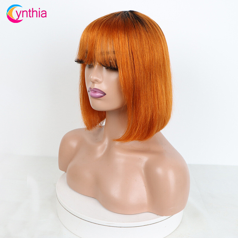 10 Inch Short Black Bob Wig with Bangs Human Hair Straight Bang Bob Wig 2×1 Lace