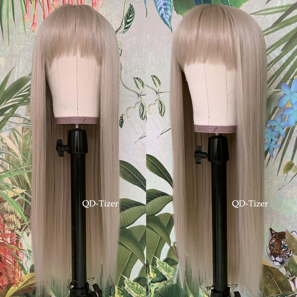 Heat-Resistant 24 Inch Ash Blonde Wig with Sparse Bangs – Perfect for Daily Wear