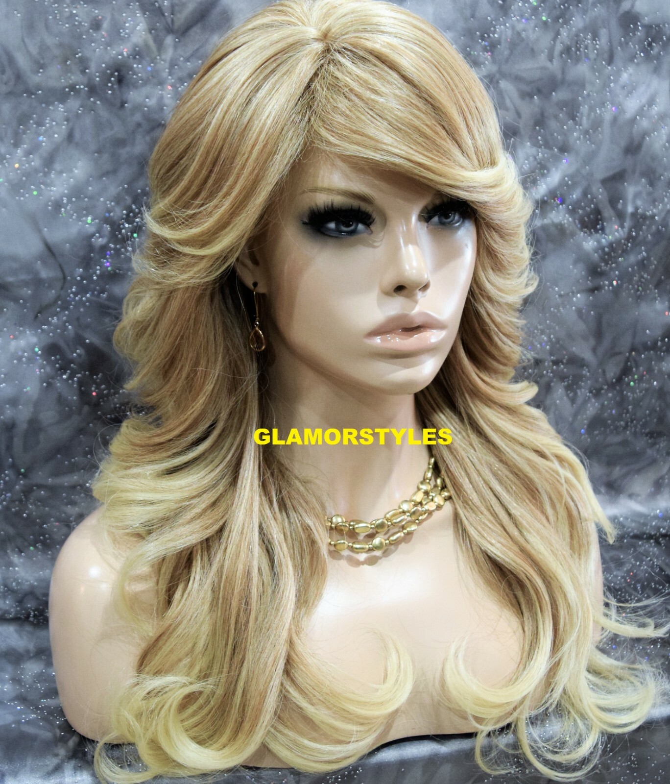 FULL WIG LONG LAYERED WAVY SIDE PART MEDIUM BLONDE MIX HEAT OK #T27.613 NWT