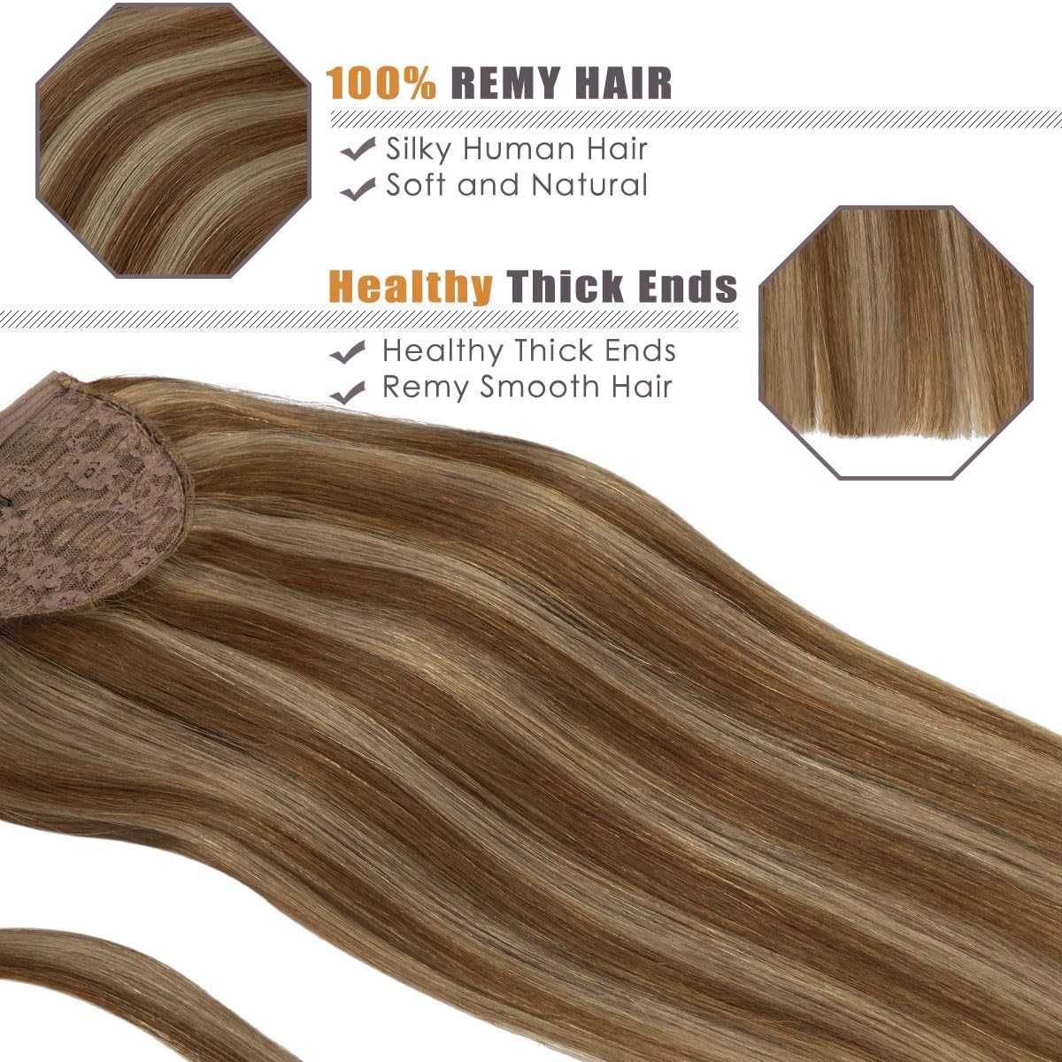 Lacer Real Human Hair Wrap Around Ponytail Extension Dark/Light Brown Highlight