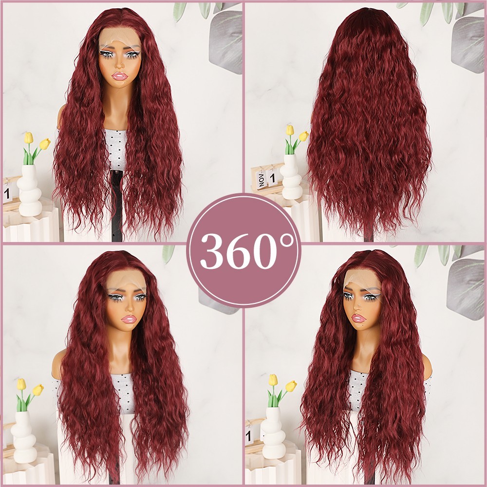 Long Water Wave Wig Synthetic Lace Front Wigs Burgundy Hair Pre Plucked Hairline