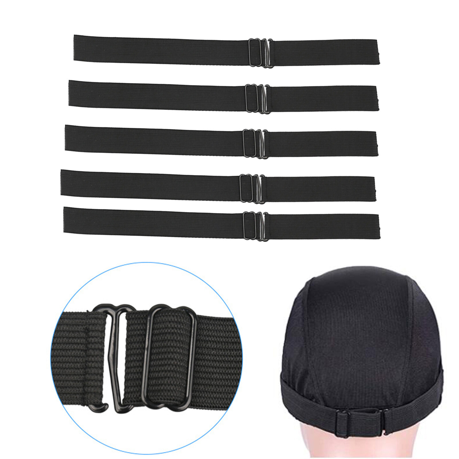 5x Black Adjustable Elastic Band Straps With Hooks For Wigs Caps Bra Closure