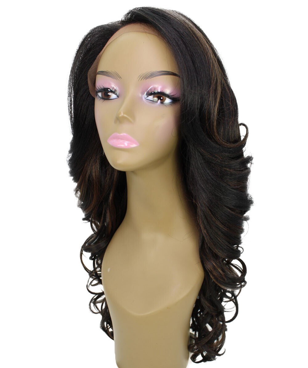 Wavy 24.5 in 13×2.5 Hand Tied Lace Front Wig, Brown with Caramel Highlights