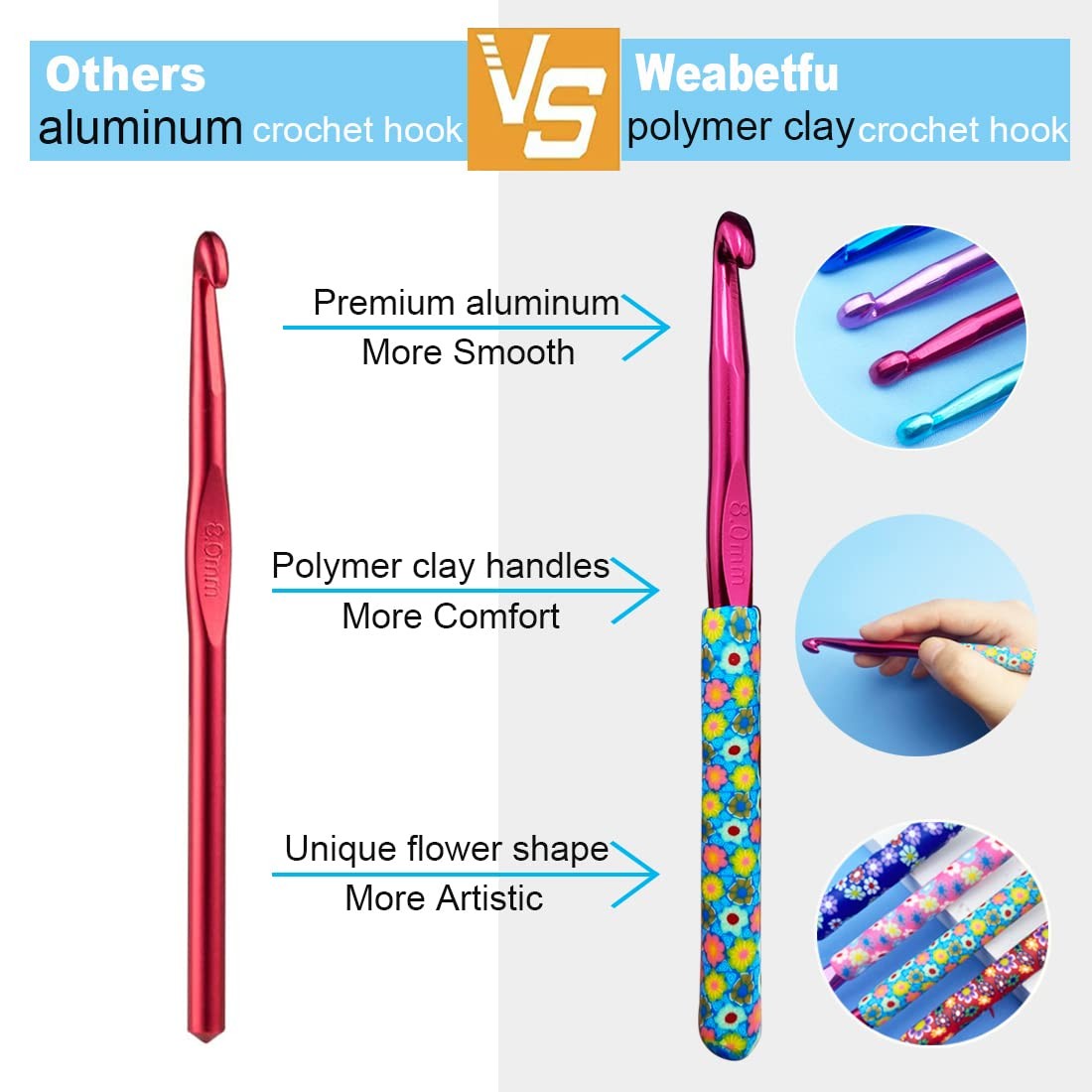 Large 5 Size Aluminum Crochet Hook Set 6.5mm,7mm,8mm,9mm,10mm, Multicolor