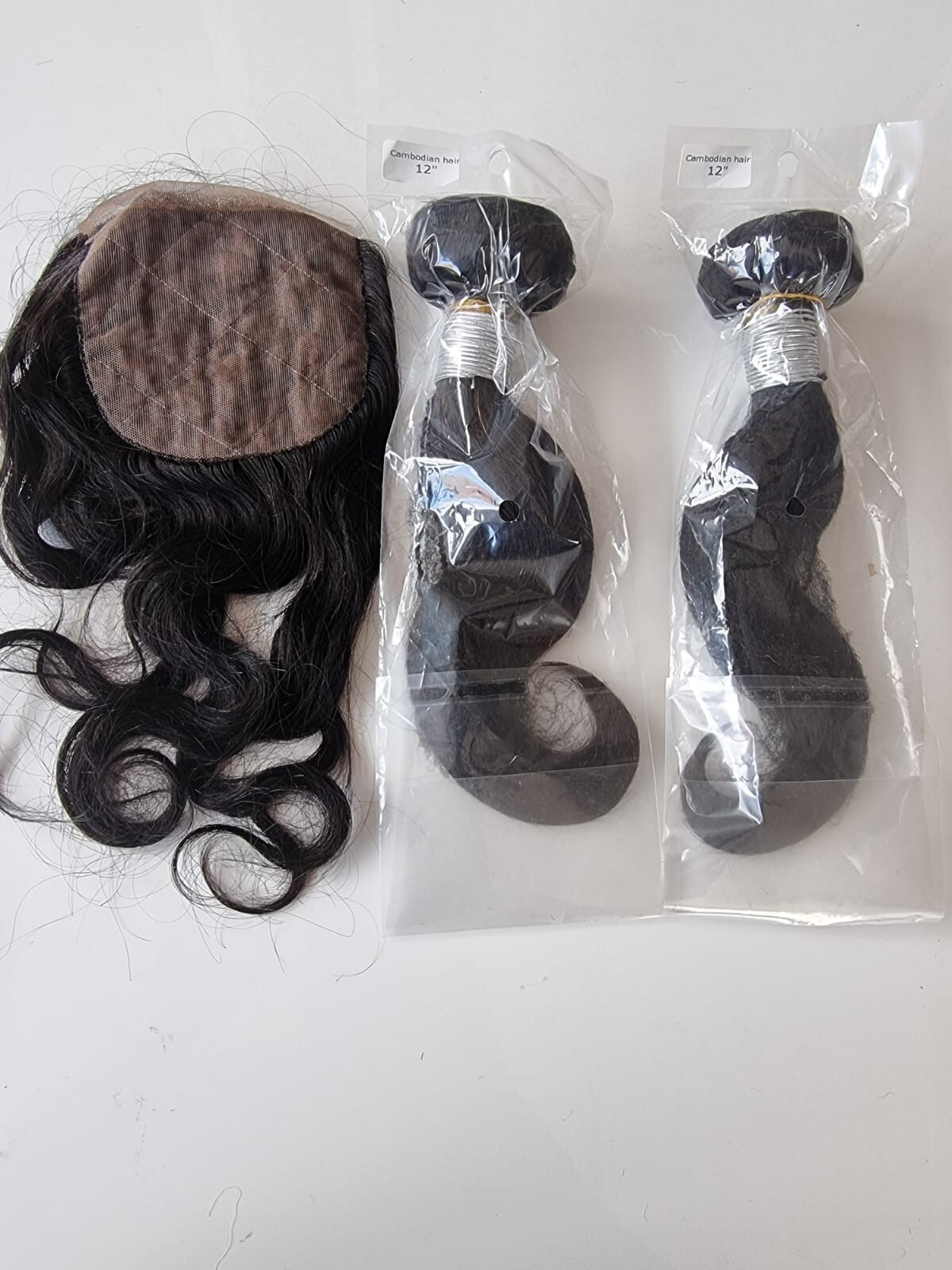 12+12 AND 12INCH 4X4 SILK BASE CLOSURE CAMBODIAN HUMAN HAIR 1b# BODY WAVES 250g