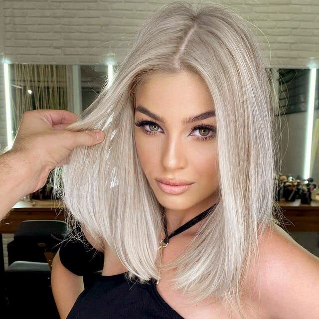 Ash Blonde White Balayage Highlights BOB 12 inch Wig Straight Lace Front Wigs